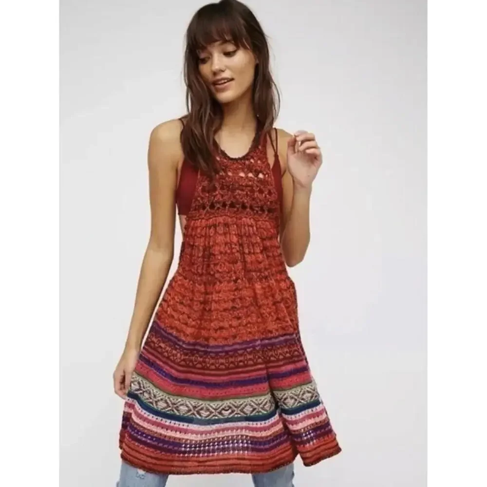 Free People Red Rare Hearts Crochet Sweater Tunic Dress - Size - Medium - Picture 2 of 9